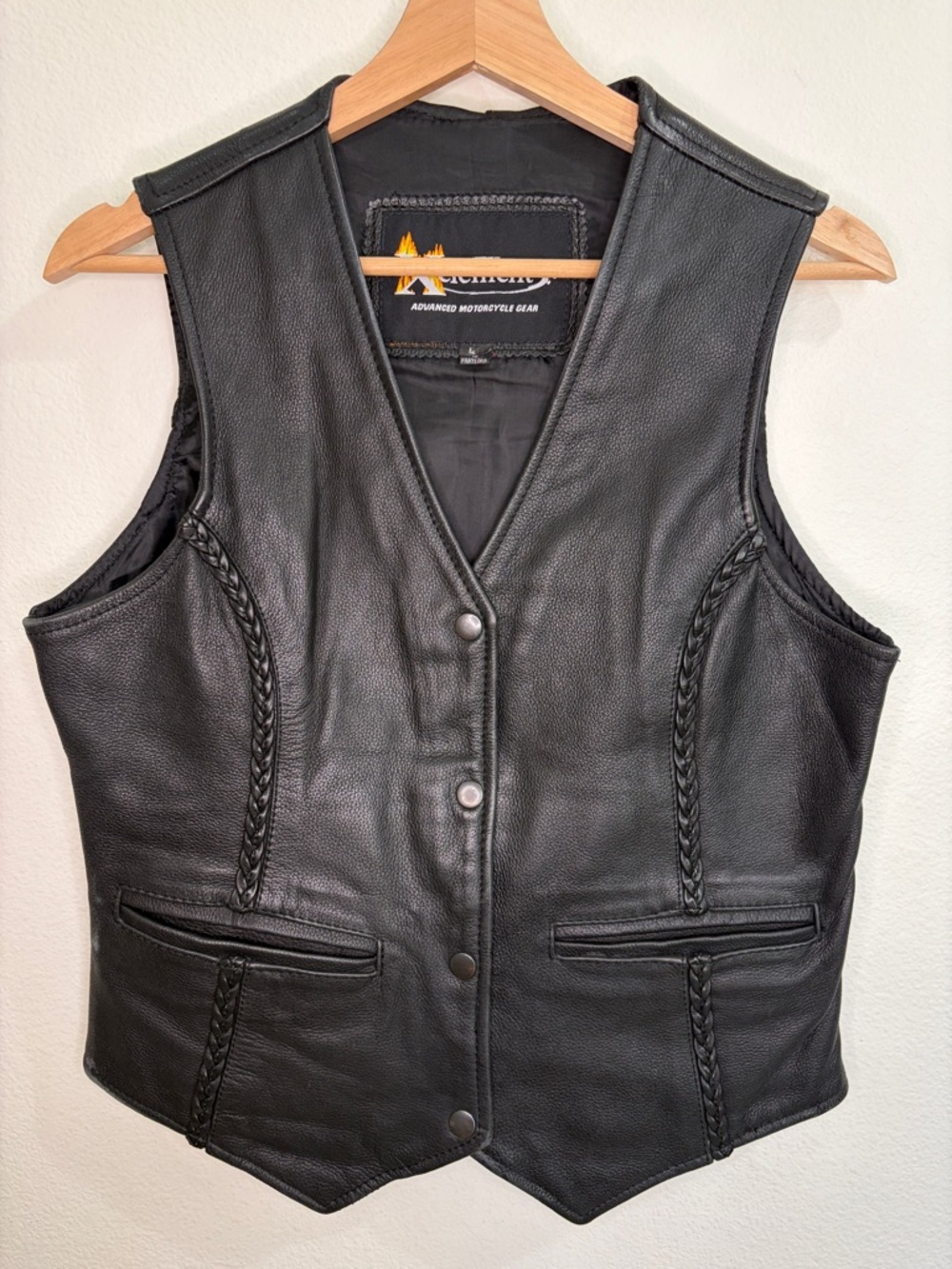 XElement Braided Trim Genuine Leather Motorcycle Vest - Black